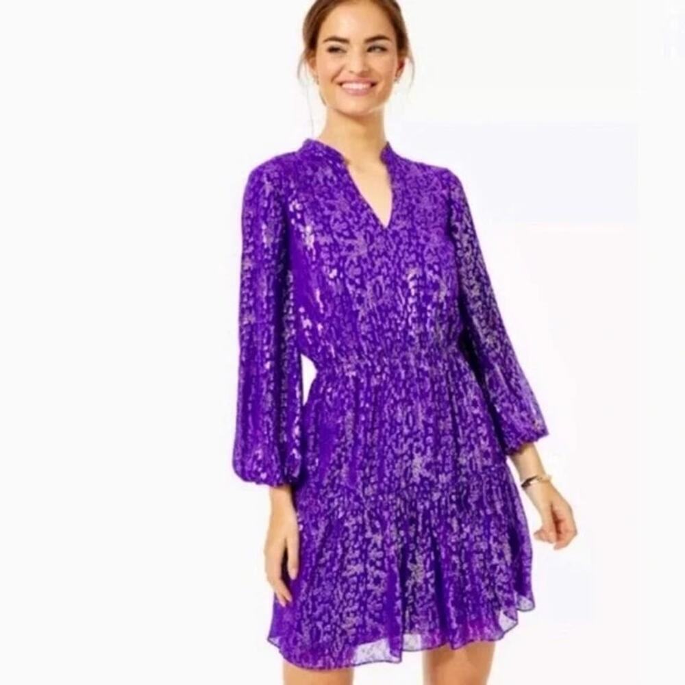 Lilly Pulitzer Purple Metallic Long Sleeve Tiered Dress Silk Blend Approx Size 0